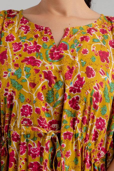 Yellow Floral Print Pure Cotton Kaftan Maxi Ethnic Dress - SHKUP1251 - Frionkandy