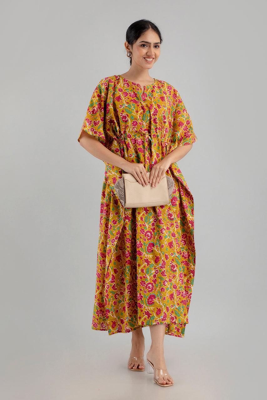 Yellow Floral Print Pure Cotton Kaftan Maxi Ethnic Dress - SHKUP1251 - Frionkandy