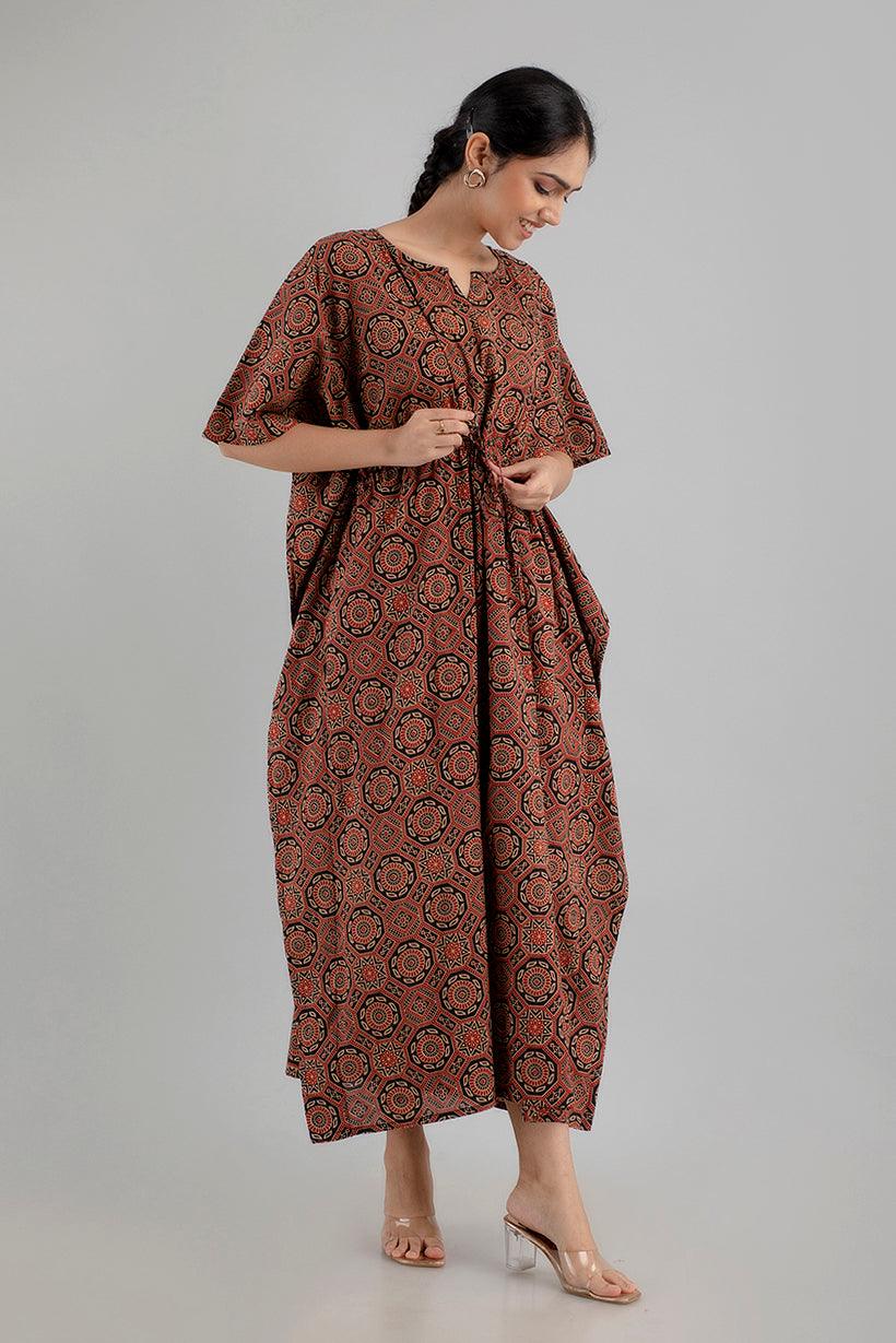 Multicolor Floral Print Pure Cotton Kaftan Maxi Ethnic Dress - SHKUP1252 - Frionkandy