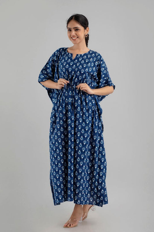 Blue Floral Print Pure Cotton Kaftan Maxi Ethnic Dress - SHKUP1253 - Frionkandy