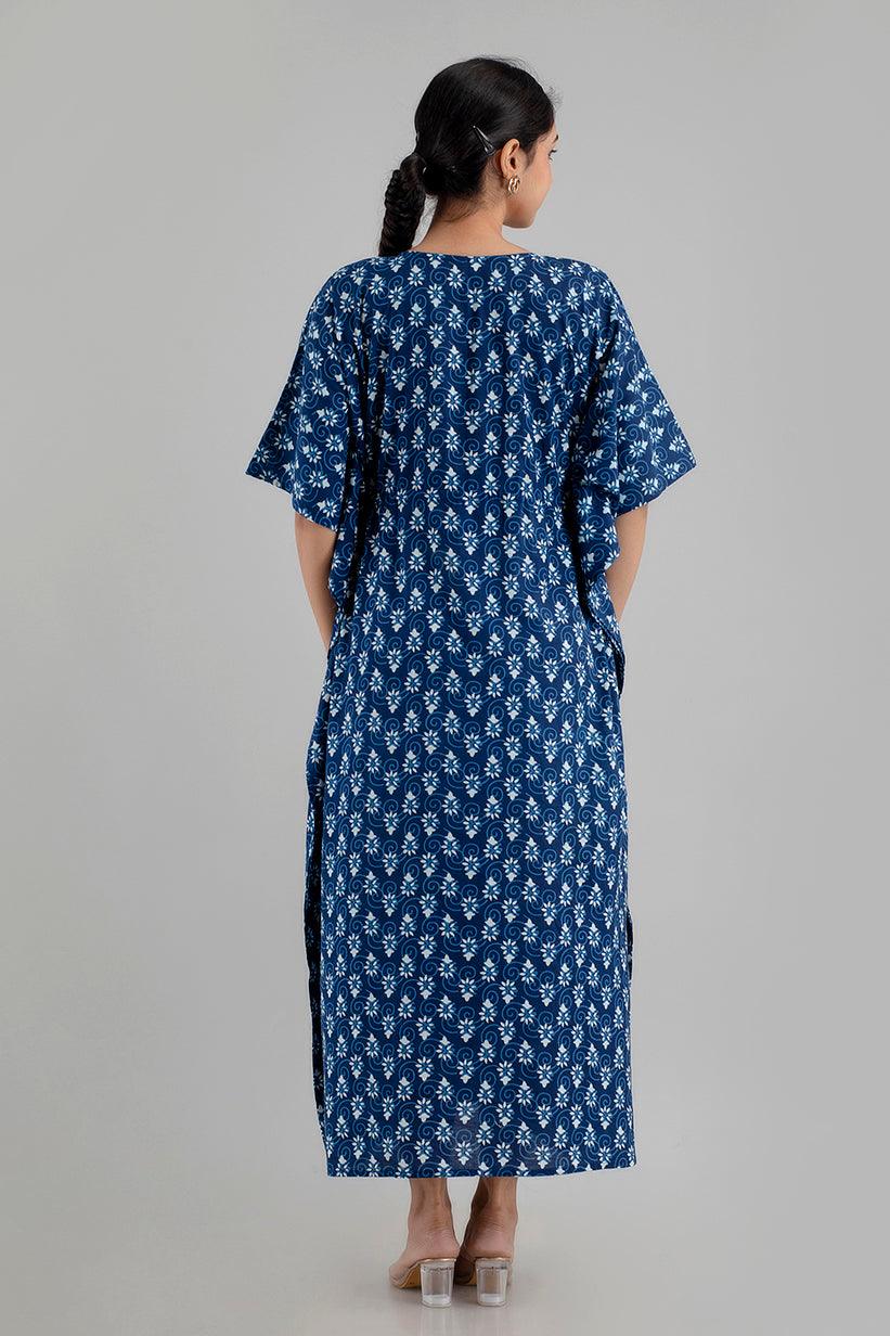 Blue Floral Print Pure Cotton Kaftan Maxi Ethnic Dress - SHKUP1253 - Frionkandy