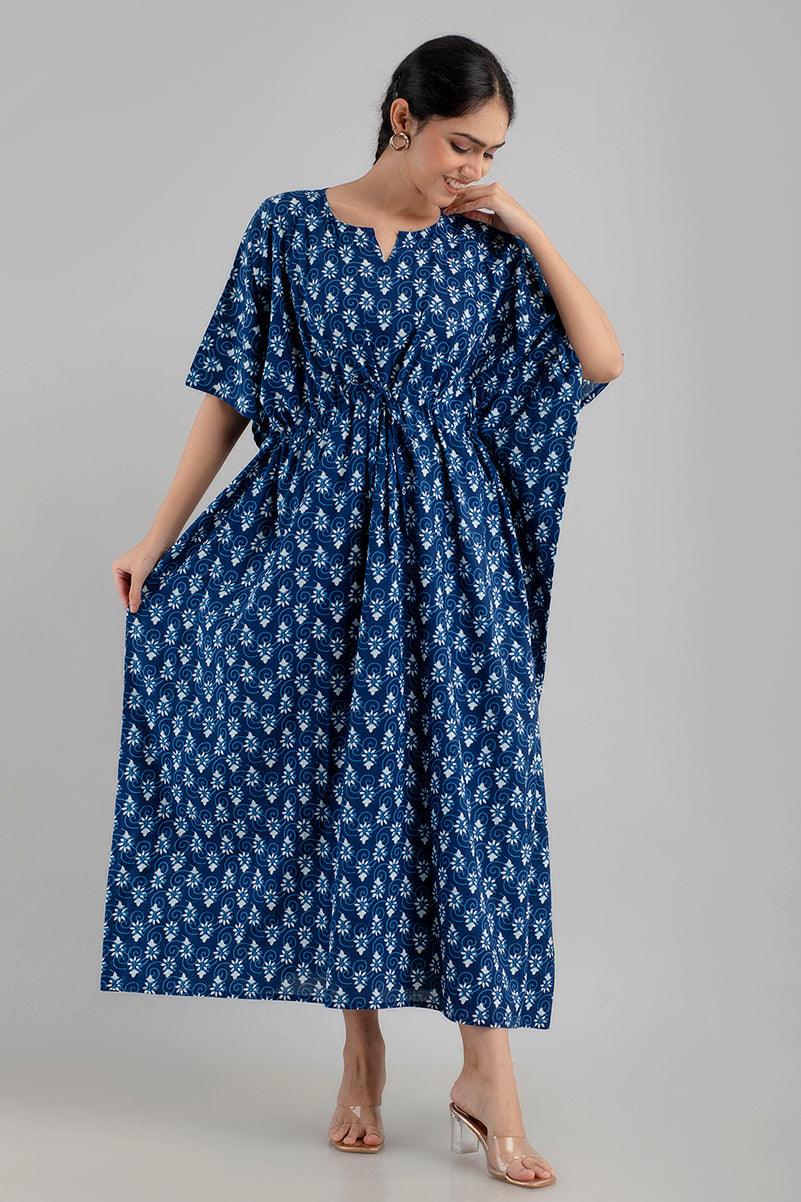 Blue Floral Print Pure Cotton Kaftan Maxi Ethnic Dress - SHKUP1253 - Frionkandy