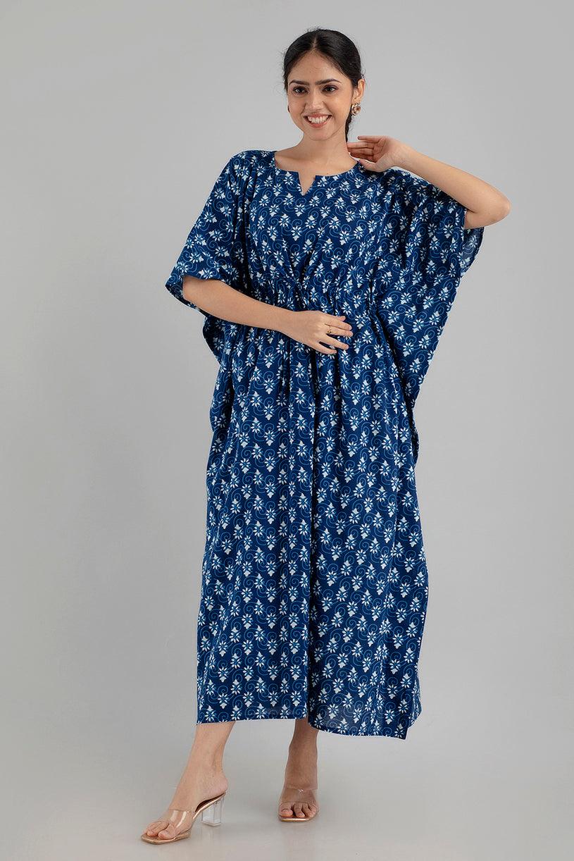 Blue Floral Print Pure Cotton Kaftan Maxi Ethnic Dress - SHKUP1253 - Frionkandy