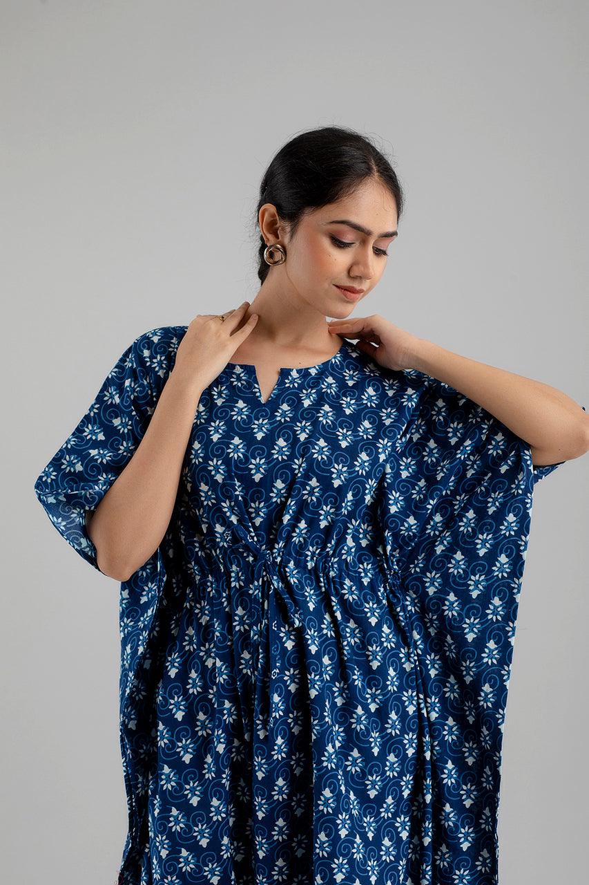 Blue Floral Print Pure Cotton Kaftan Maxi Ethnic Dress - SHKUP1253 - Frionkandy