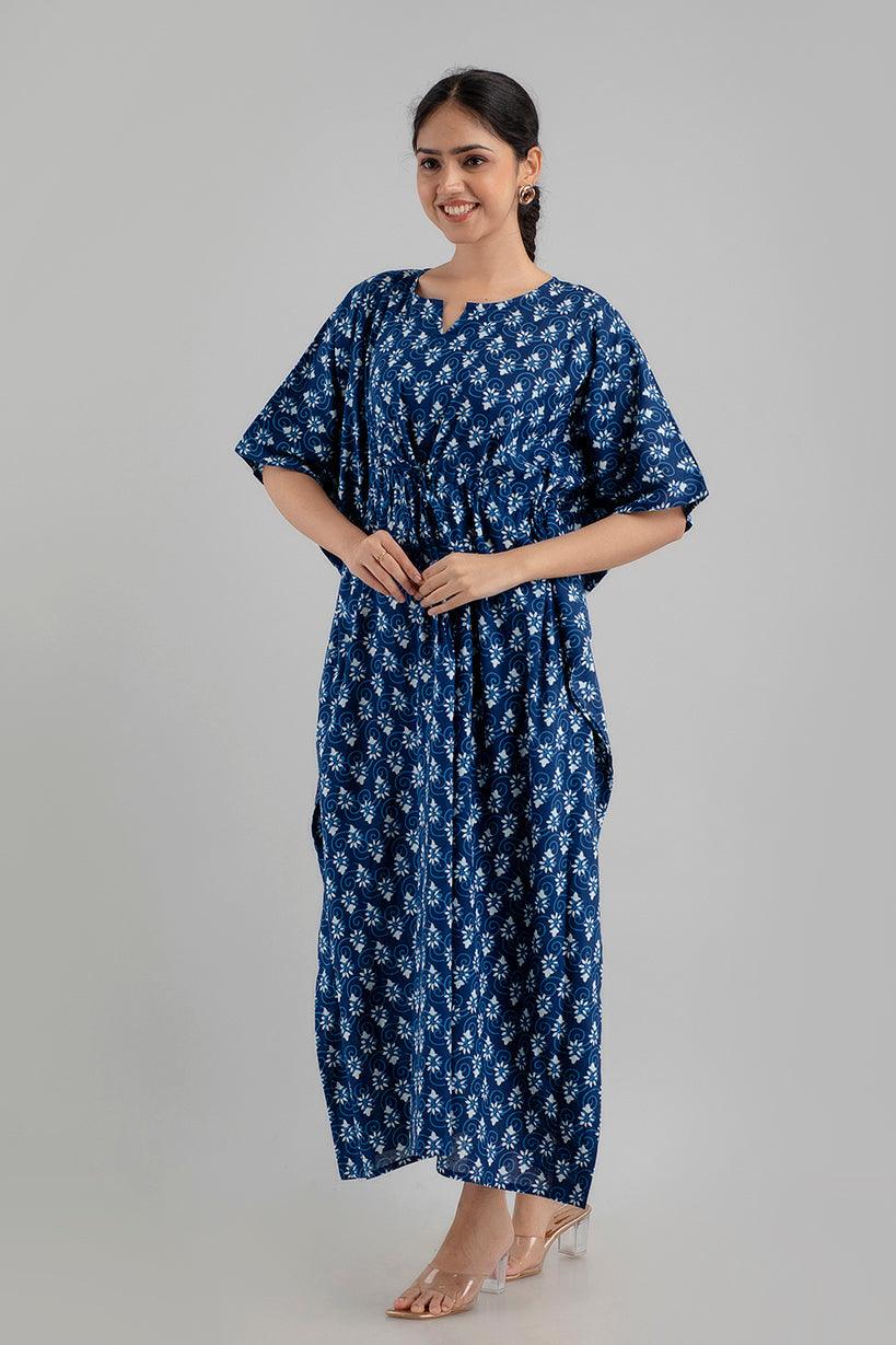 Blue Floral Print Pure Cotton Kaftan Maxi Ethnic Dress - SHKUP1253 - Frionkandy