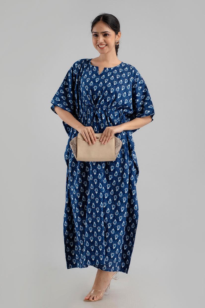 Blue Floral Print Pure Cotton Kaftan Maxi Ethnic Dress - SHKUP1253 - Frionkandy