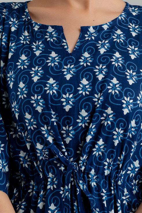 Blue Floral Print Pure Cotton Kaftan Maxi Ethnic Dress - SHKUP1253 - Frionkandy