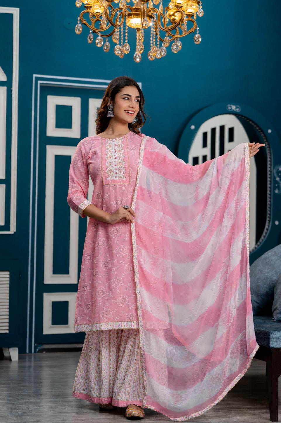 Women Pink Bandhani Printed Kurta with Sharara & Dupatta - Frionkandy