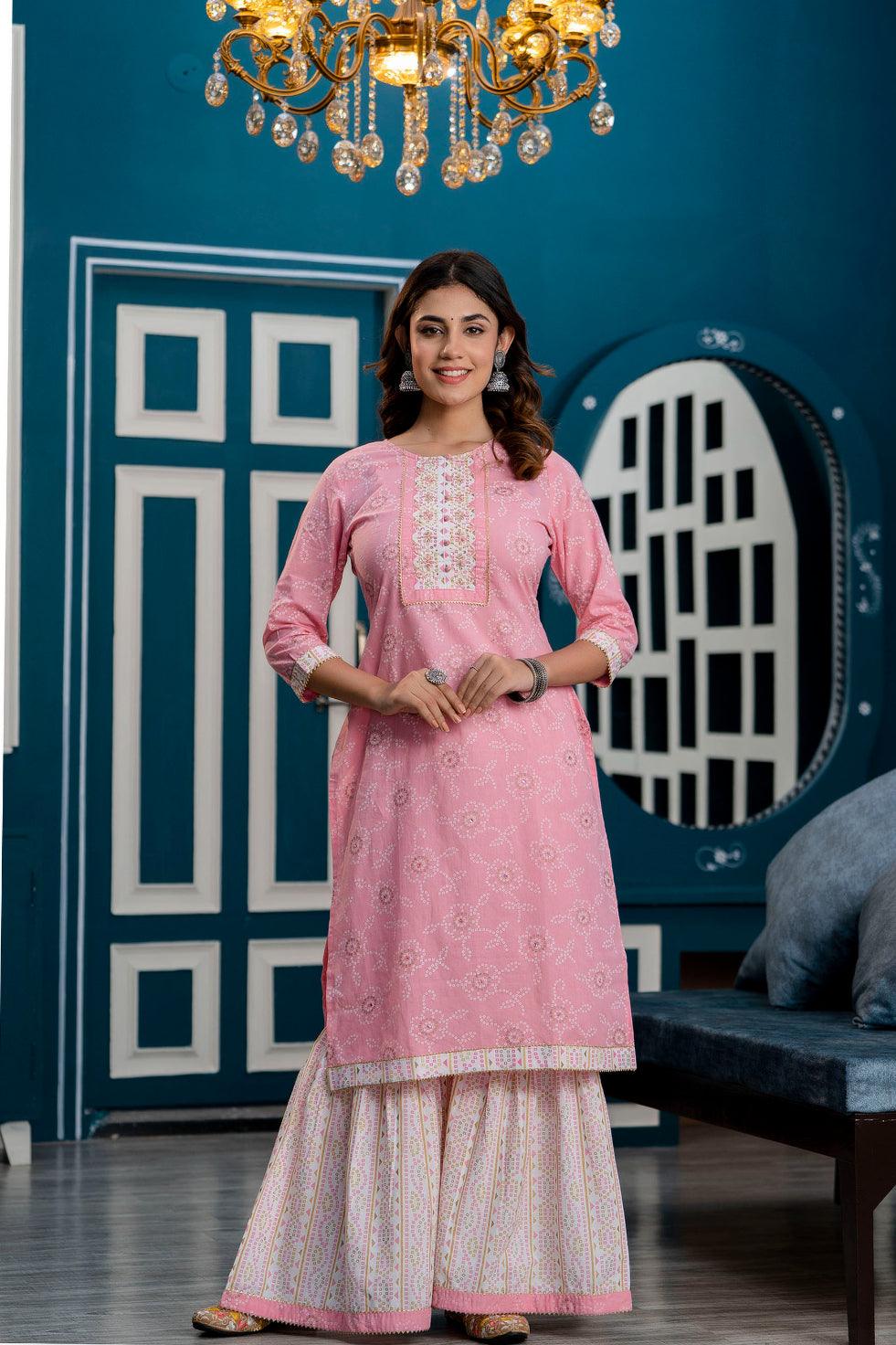 Women Pink Bandhani Printed Kurta with Sharara & Dupatta - Frionkandy