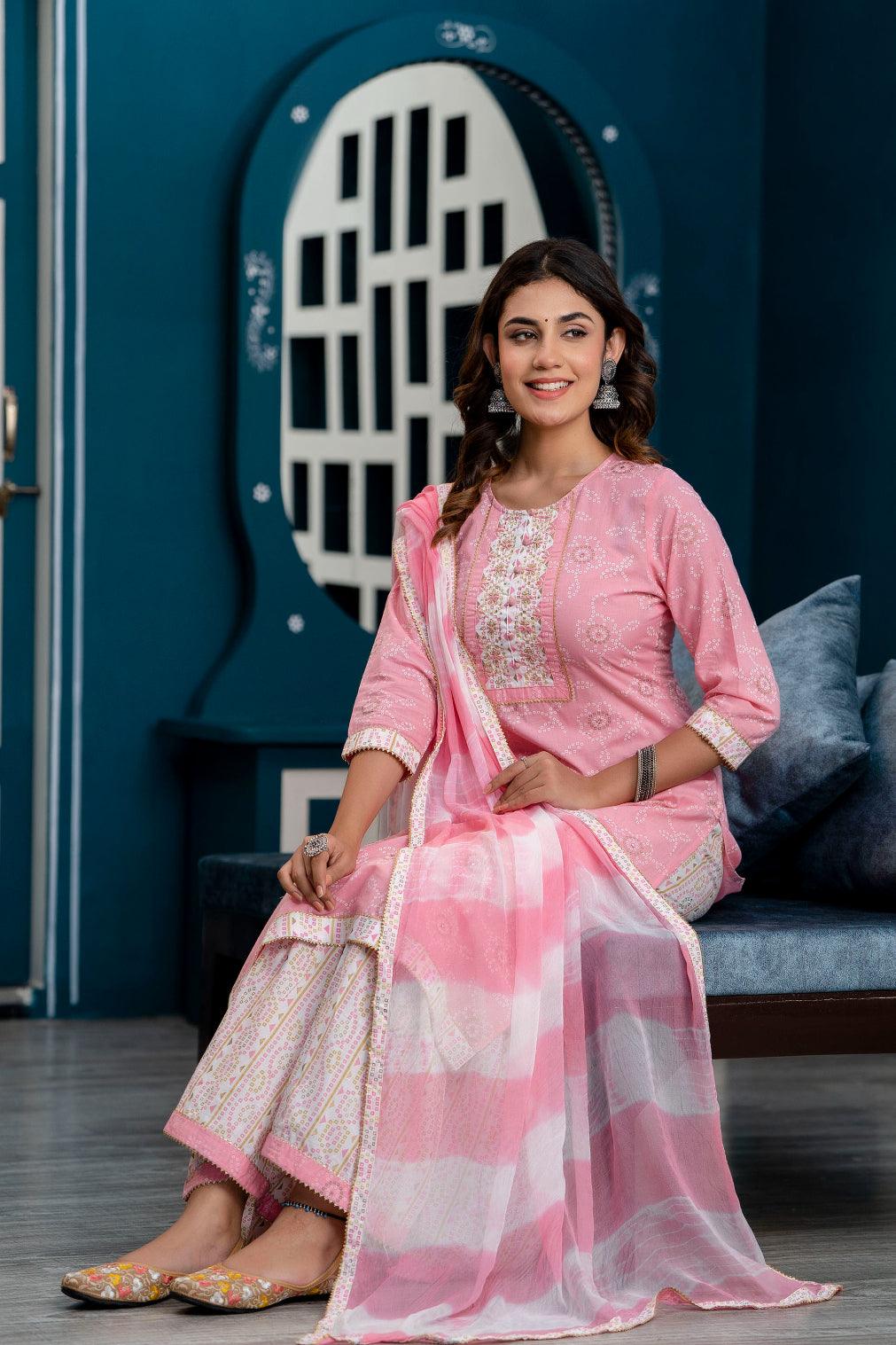 Women Pink Bandhani Printed Kurta with Sharara & Dupatta - Frionkandy