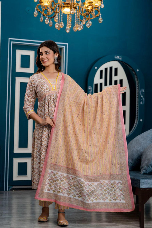 Women Pink Ethnic Motifs Printed Thread Work Kurta with Trousers & Dupatta - Frionkandy