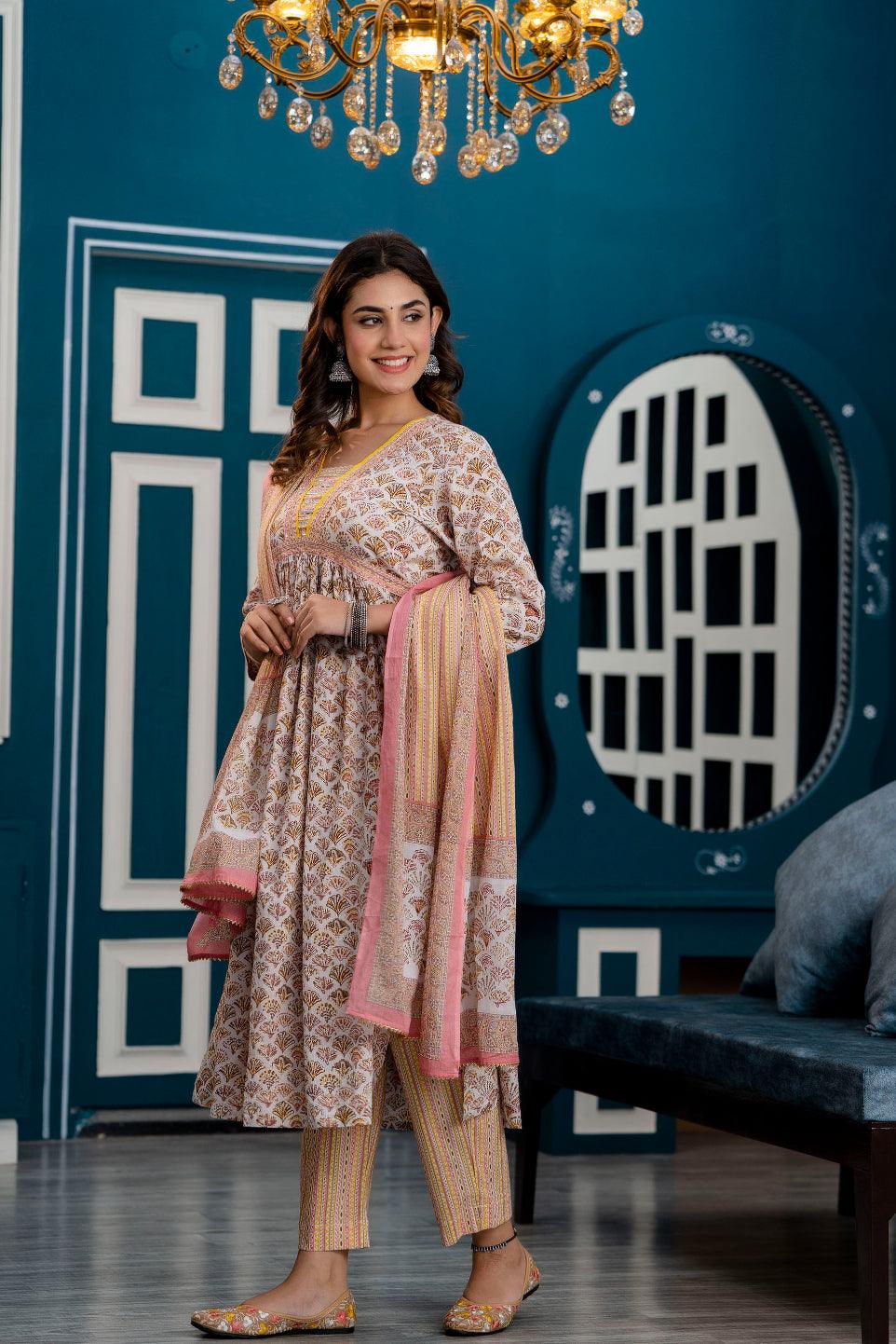 Women Pink Ethnic Motifs Printed Thread Work Kurta with Trousers & Dupatta - Frionkandy