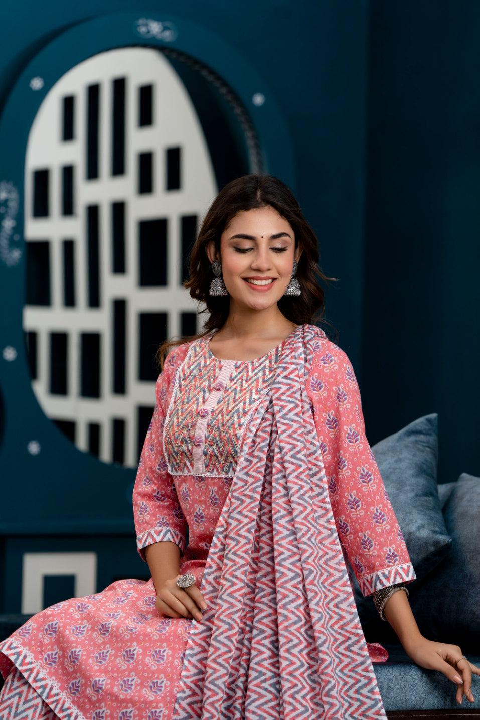 Women Pink Floral Printed Sequin Work Kurta with Palazzos & Dupatta - Frionkandy