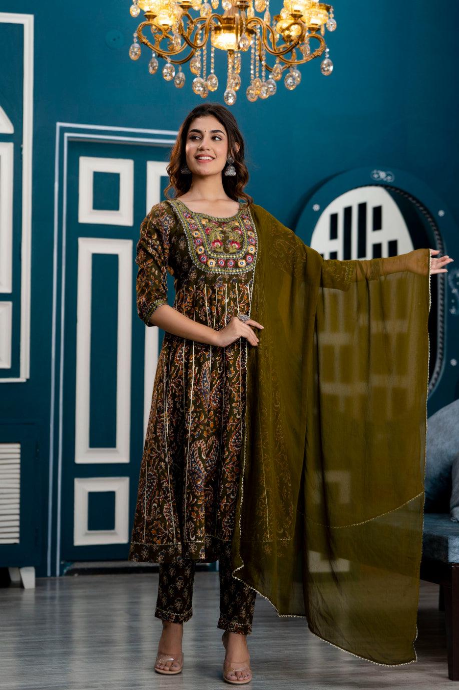 Women Dark Green Floral Embroidered Anarkali Kurta with Trousers & Dupatta - Frionkandy