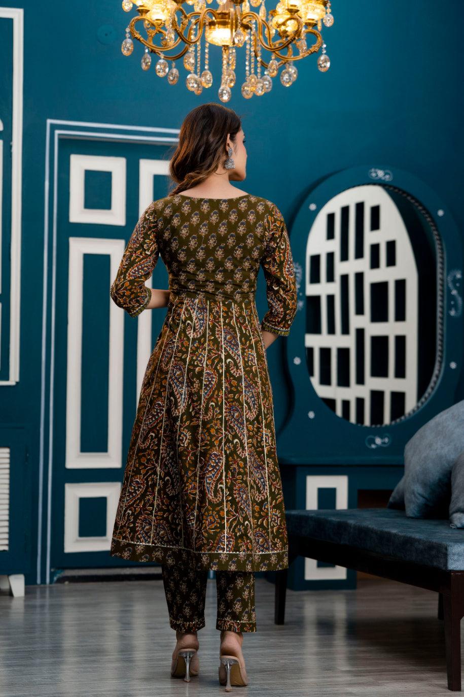 Women Dark Green Floral Embroidered Anarkali Kurta with Trousers & Dupatta - Frionkandy