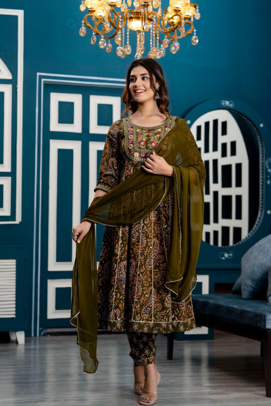 Women Dark Green Floral Embroidered Anarkali Kurta with Trousers & Dupatta - Frionkandy