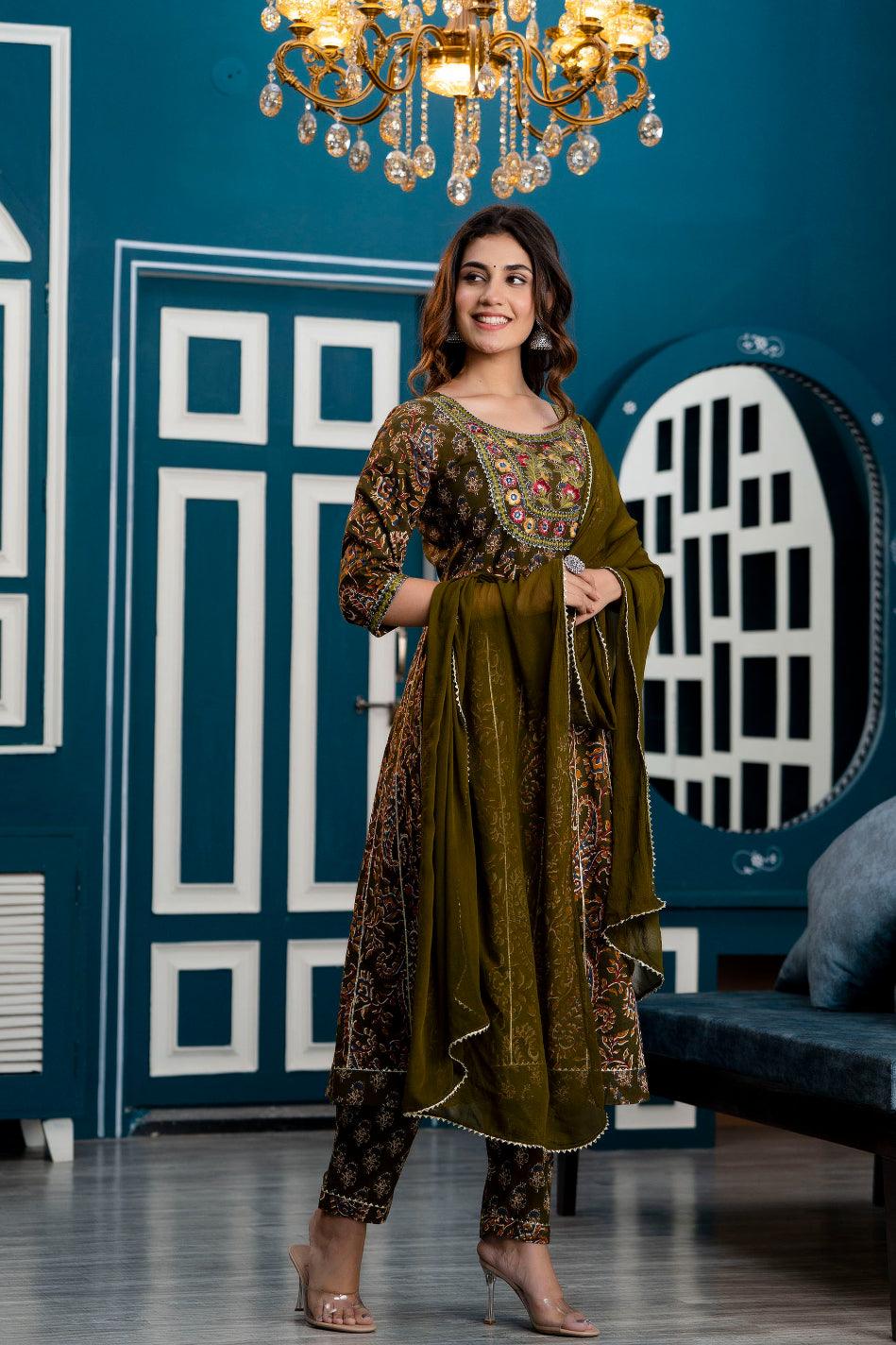 Women Dark Green Floral Embroidered Anarkali Kurta with Trousers & Dupatta - Frionkandy