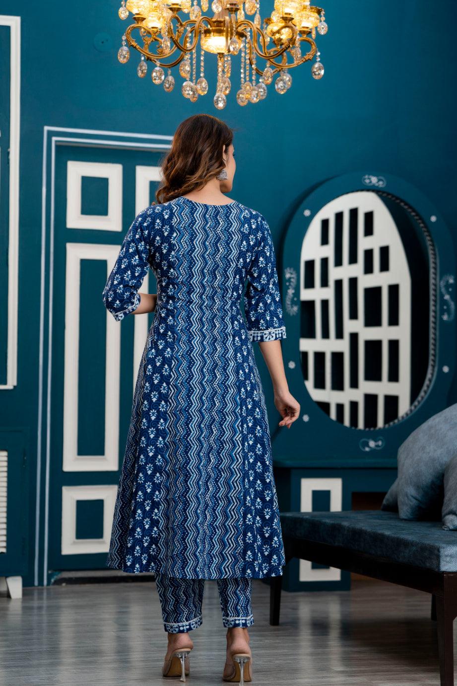 Women Indigo Blue Ethnic Motifs Printed Anarkali Kurta with Trousers & Dupatta - Frionkandy