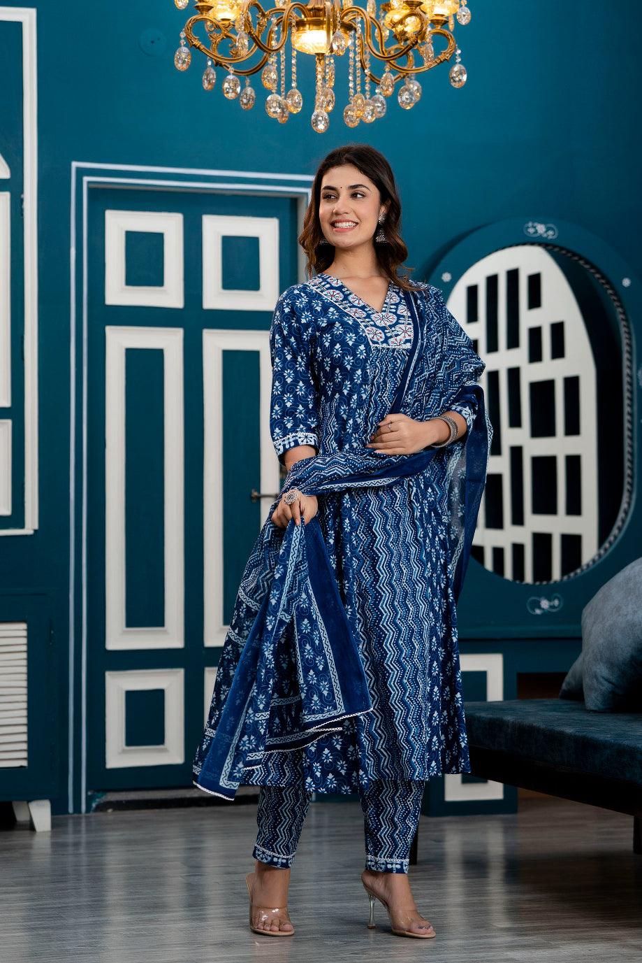 Women Indigo Blue Ethnic Motifs Printed Anarkali Kurta with Trousers & Dupatta - Frionkandy