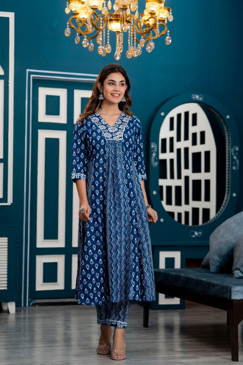 Women Indigo Blue Ethnic Motifs Printed Anarkali Kurta with Trousers & Dupatta - Frionkandy