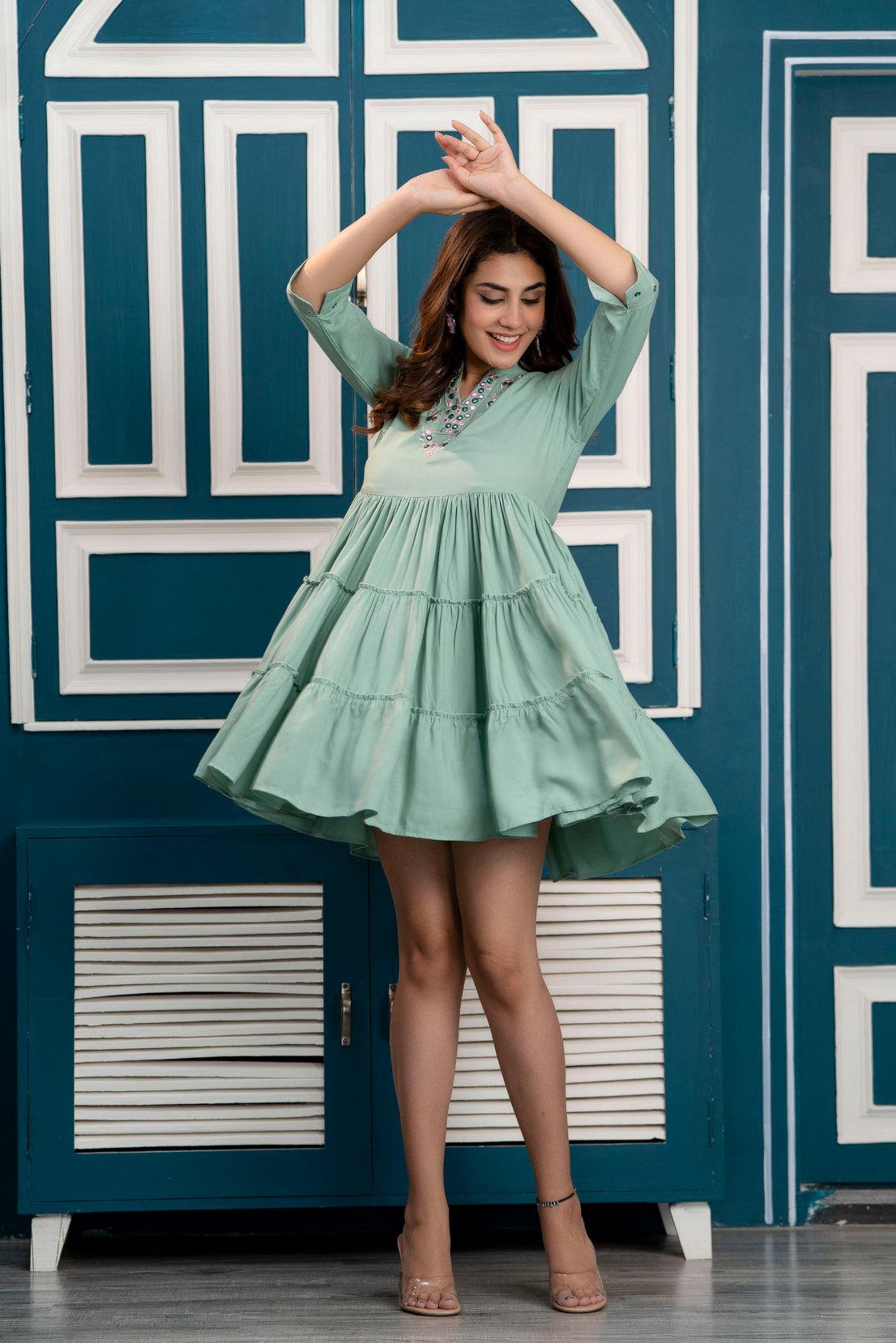 Pista Green Embroidered Mini Fit and Flare Dress - Frionkandy