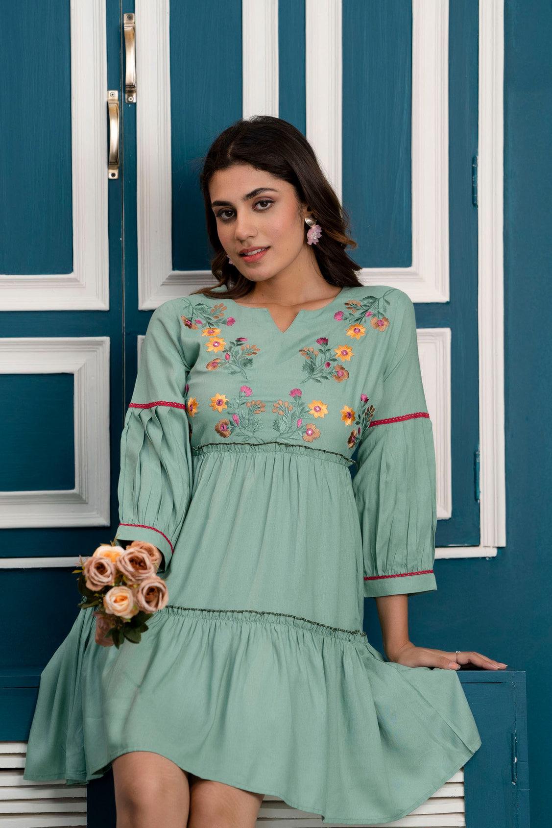 Pista Green Floral Embroidered Mini Fit and Flare Dress - Frionkandy