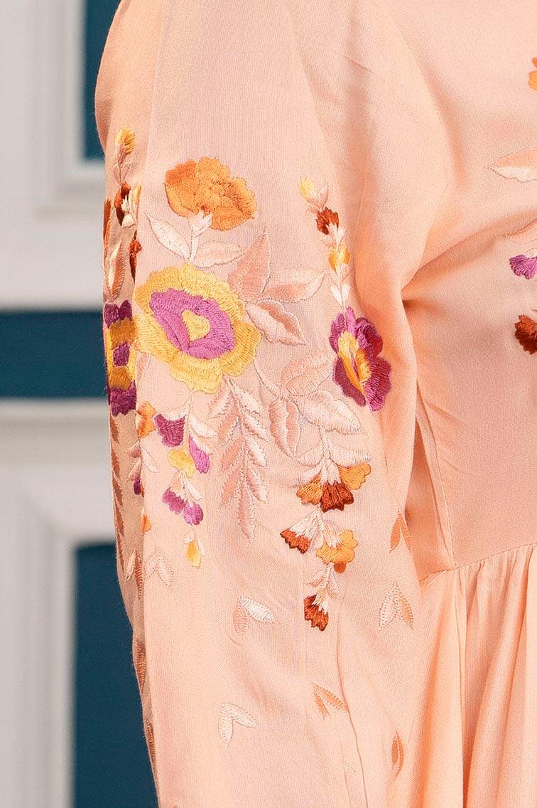 Peach Floral Embroidered Mini Fit and Flare Dress - Frionkandy