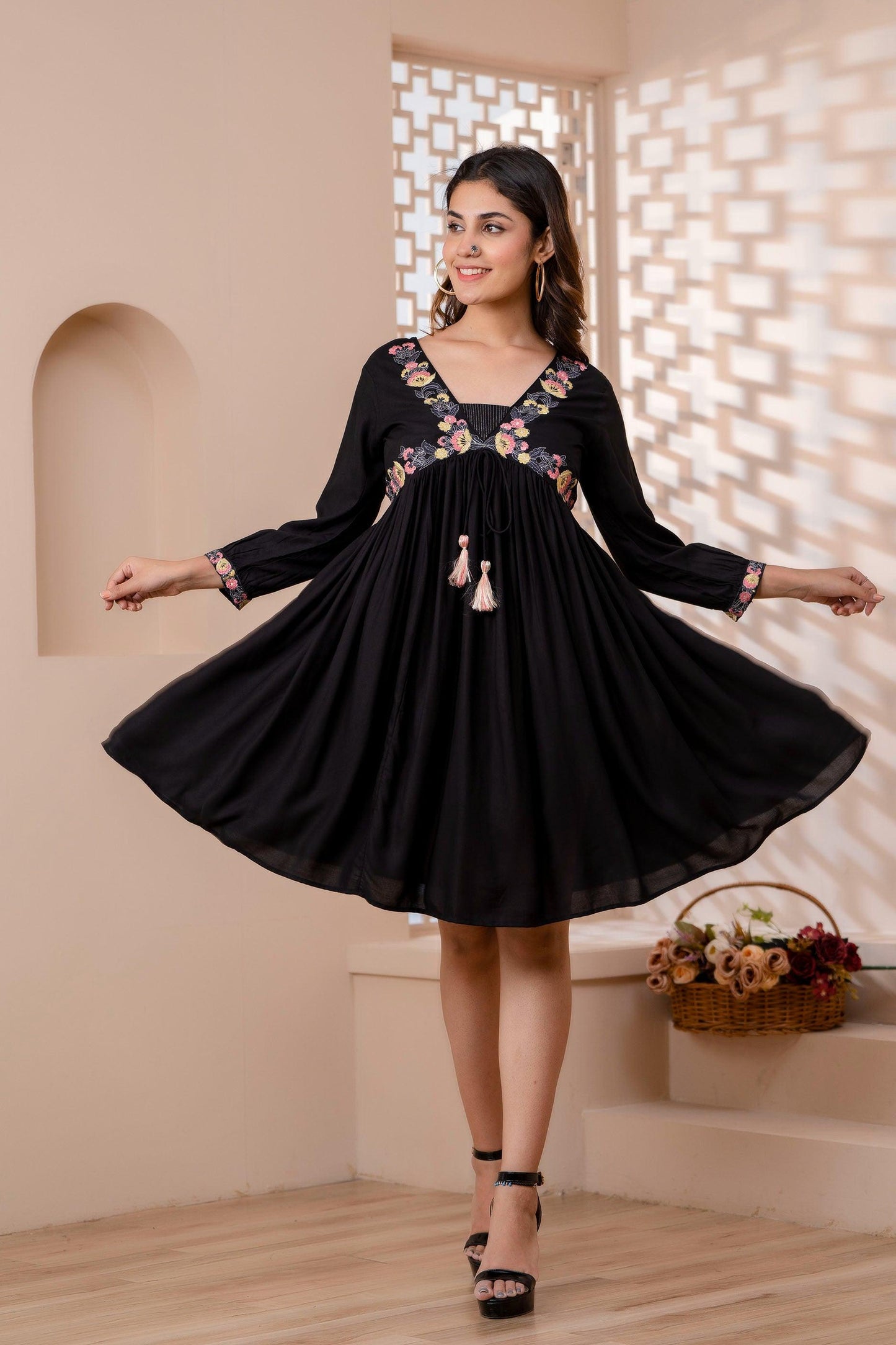 Black Floral Embroidered Mini Fit and Flare Dress - Frionkandy