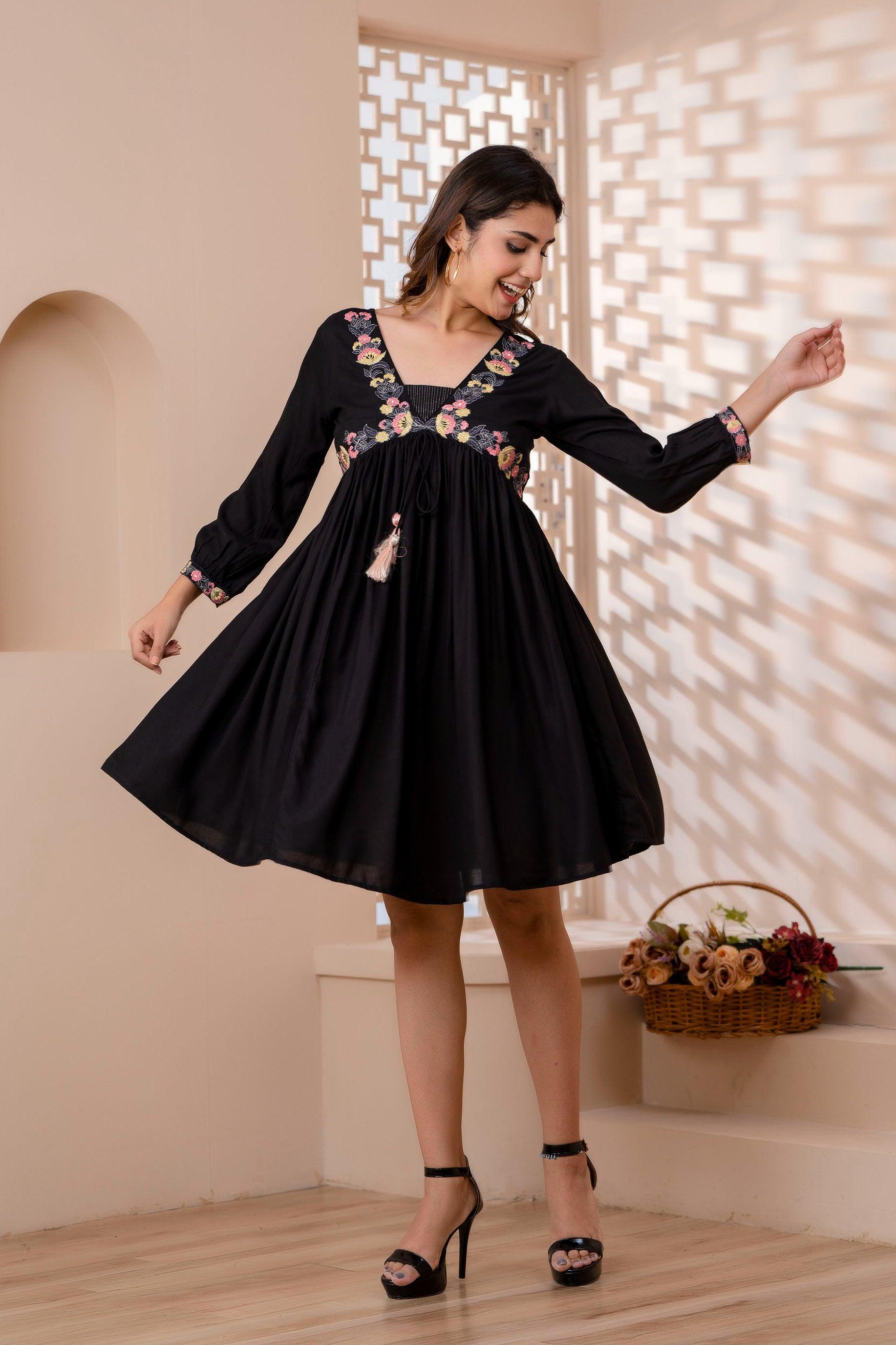 Black Floral Embroidered Mini Fit and Flare Dress - Frionkandy