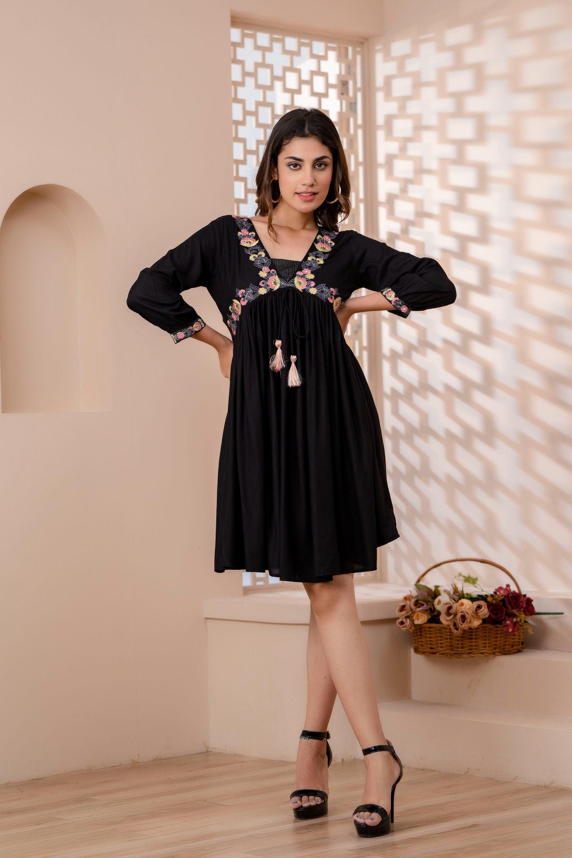 Black Floral Embroidered Mini Fit and Flare Dress - Frionkandy