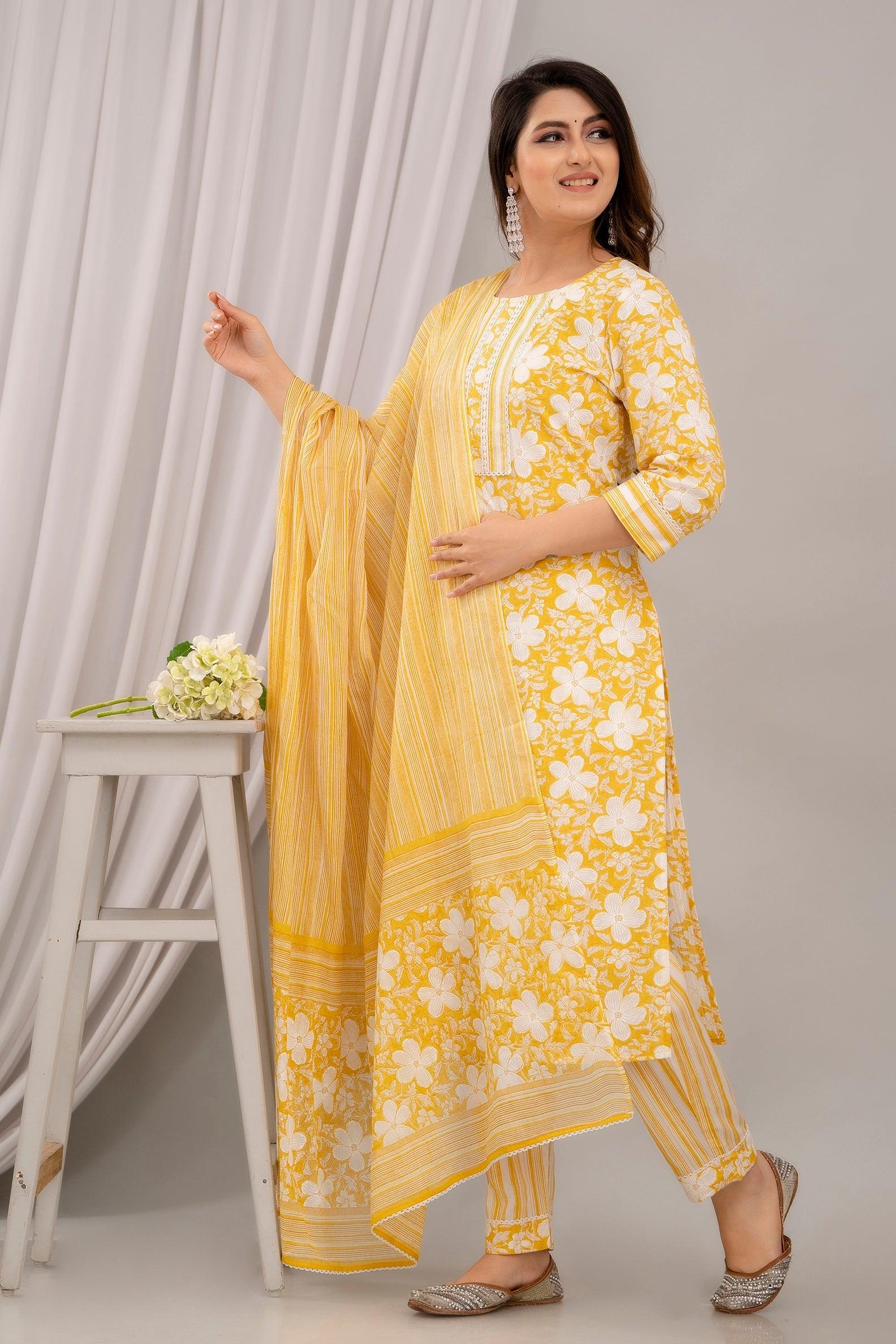 Yellow Floral Print with Yoke Design Straight Kurta with Trousers & Dupatta - Frionkandy