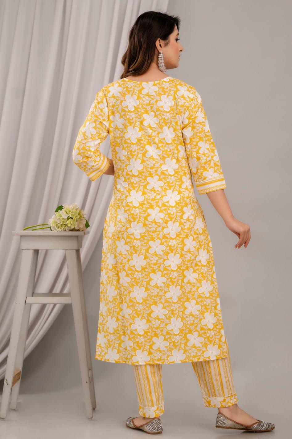 Yellow Floral Print with Yoke Design Straight Kurta with Trousers & Dupatta - Frionkandy