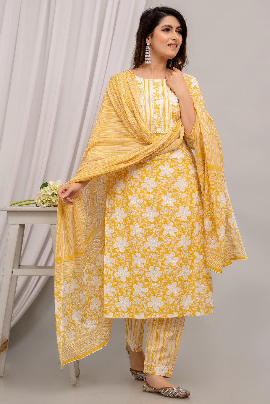 Yellow Floral Print with Yoke Design Straight Kurta with Trousers & Dupatta - Frionkandy