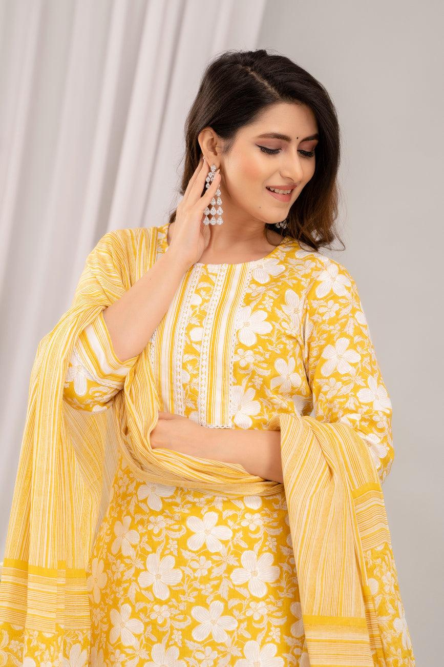 Yellow Floral Print with Yoke Design Straight Kurta with Trousers & Dupatta - Frionkandy