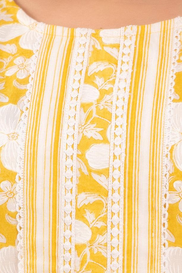 Yellow Floral Print with Yoke Design Straight Kurta with Trousers & Dupatta - Frionkandy