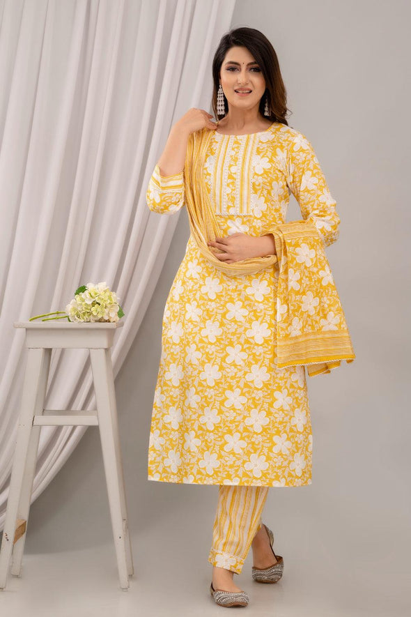 Yellow Floral Print with Yoke Design Straight Kurta with Trousers & Dupatta - Frionkandy