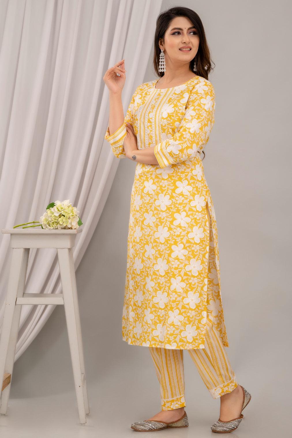 Yellow Floral Print with Yoke Design Straight Kurta with Trousers & Dupatta - Frionkandy