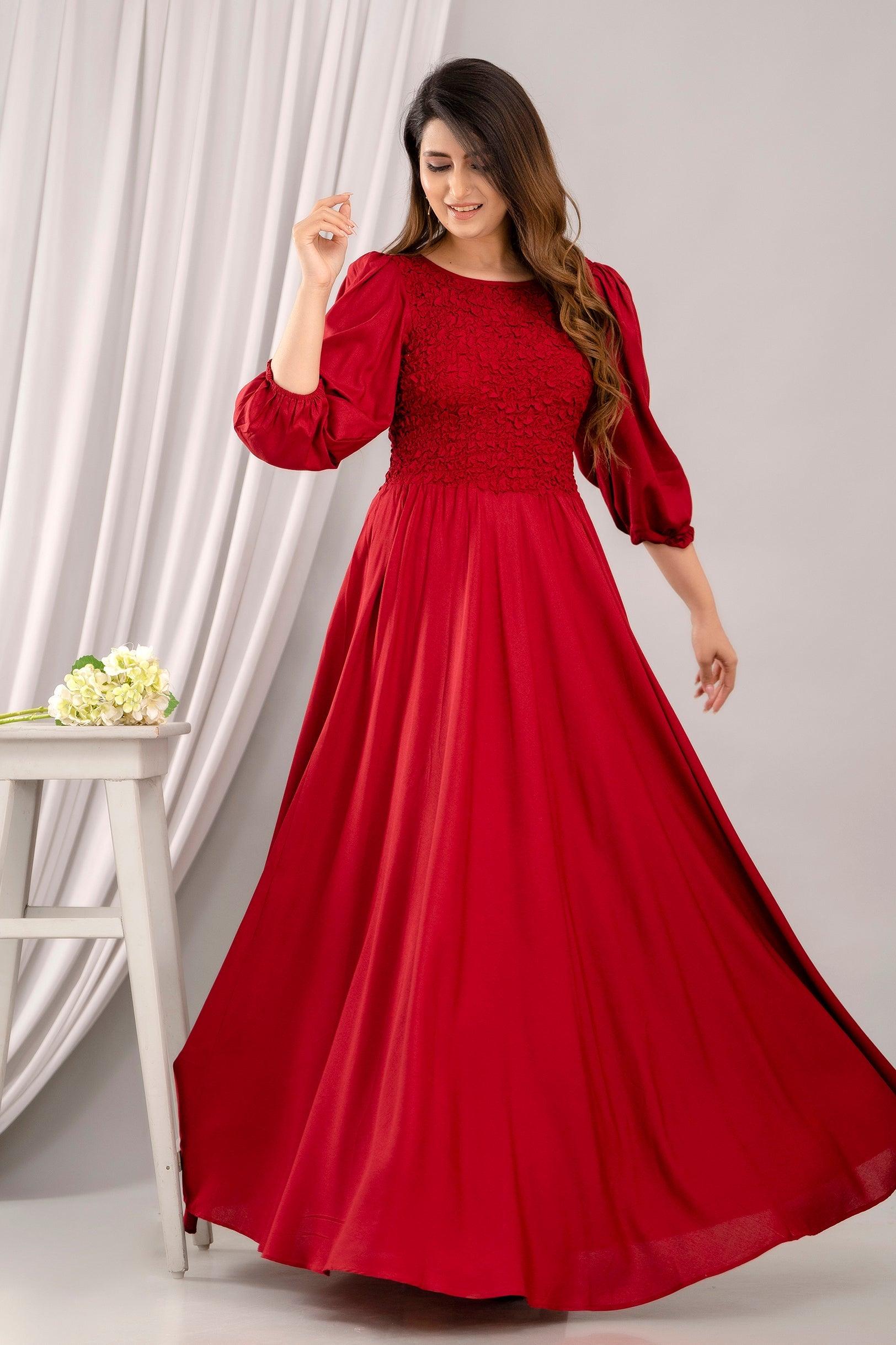 Red Puff Sleeve Yoke Design Fit and Flare Party Dress - Frionkandy