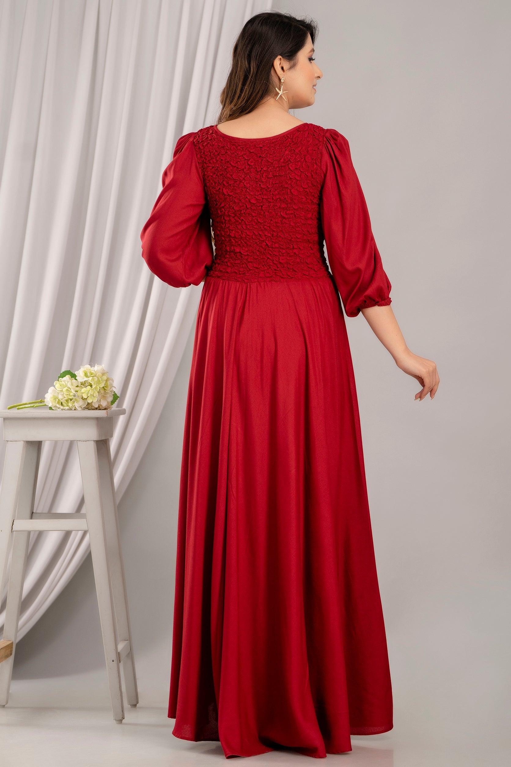 Red Puff Sleeve Yoke Design Fit and Flare Party Dress - Frionkandy