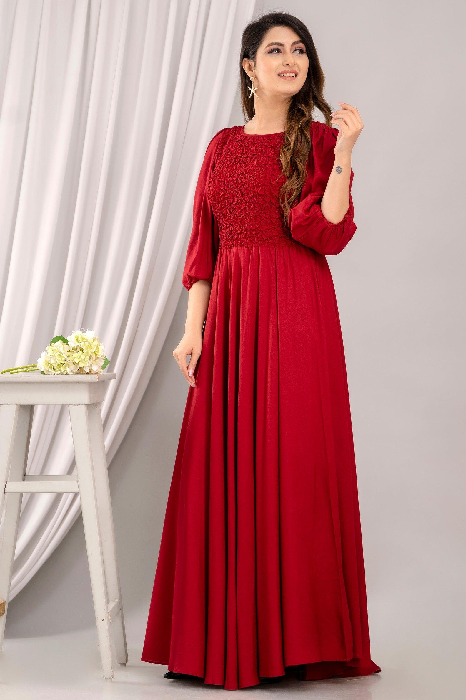 Red Puff Sleeve Yoke Design Fit and Flare Party Dress - Frionkandy