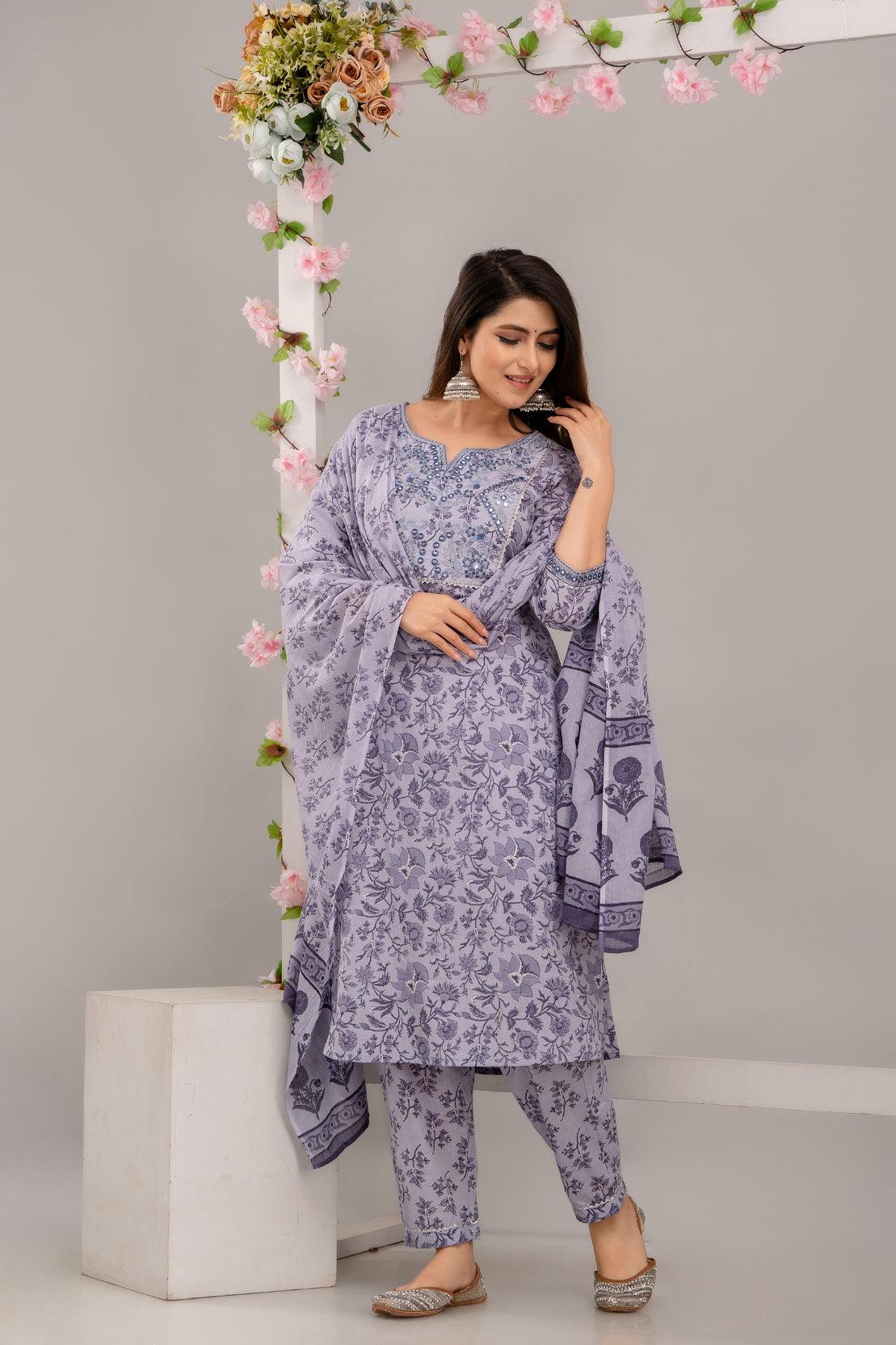 Purple Floral Print with Mirror Work Straight Kurta with Trousers & Dupatta - Frionkandy