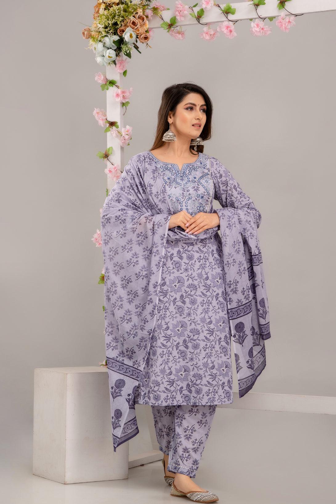 Purple Floral Print with Mirror Work Straight Kurta with Trousers & Dupatta - Frionkandy