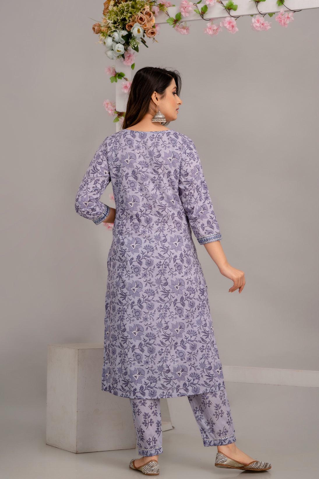 Purple Floral Print with Mirror Work Straight Kurta with Trousers & Dupatta - Frionkandy