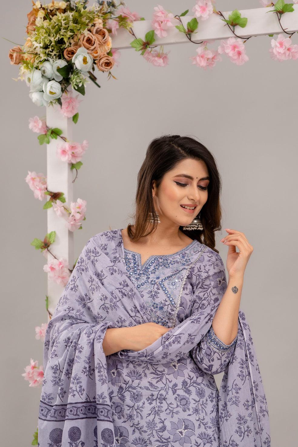 Purple Floral Print with Mirror Work Straight Kurta with Trousers & Dupatta - Frionkandy