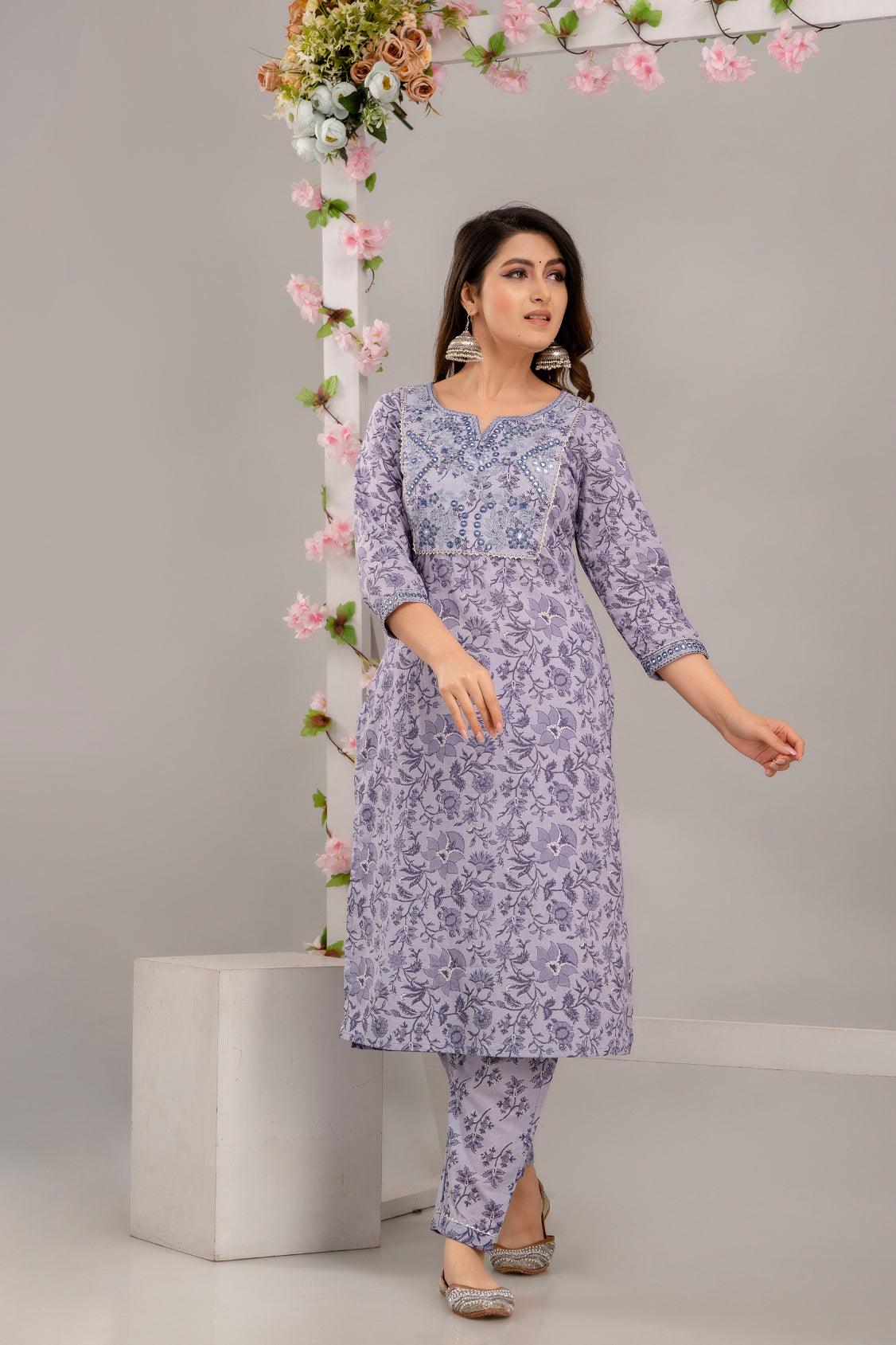 Purple Floral Print with Mirror Work Straight Kurta with Trousers & Dupatta - Frionkandy