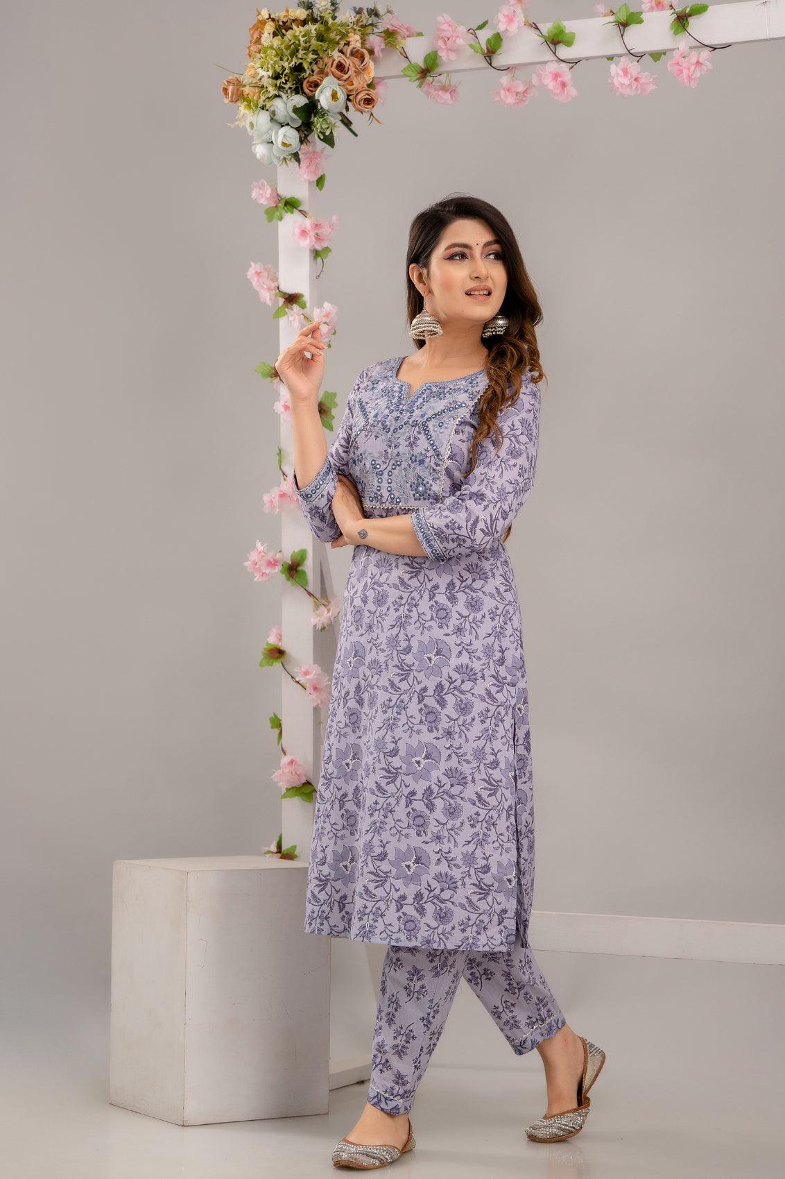 Purple Floral Print with Mirror Work Straight Kurta with Trousers & Dupatta - Frionkandy