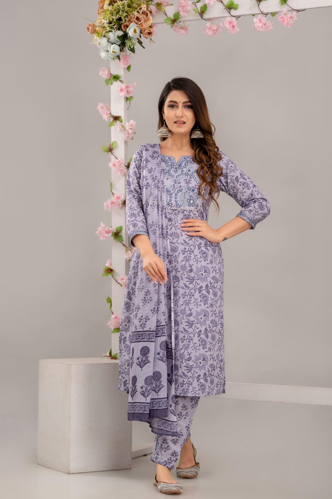 Purple Floral Print with Mirror Work Straight Kurta with Trousers & Dupatta - Frionkandy