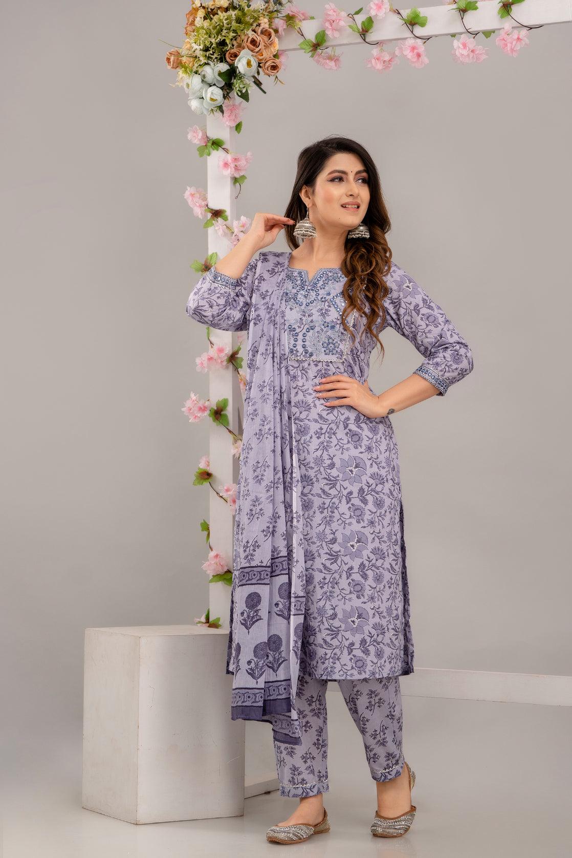 Purple Floral Print with Mirror Work Straight Kurta with Trousers & Dupatta - Frionkandy