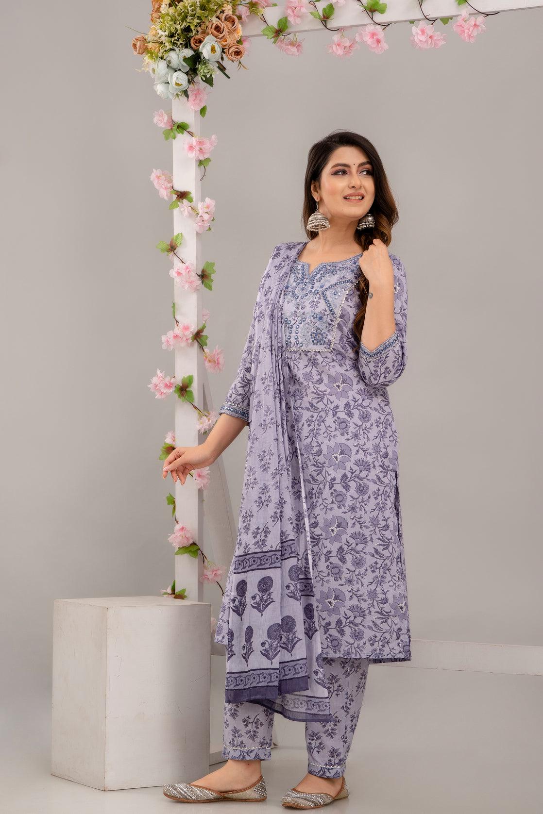 Purple Floral Print with Mirror Work Straight Kurta with Trousers & Dupatta - Frionkandy