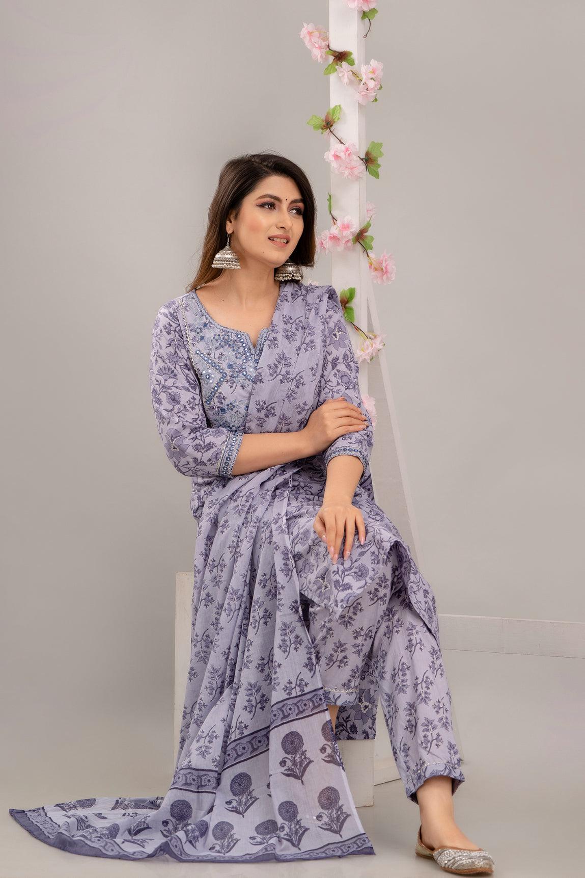 Purple Floral Print with Mirror Work Straight Kurta with Trousers & Dupatta - Frionkandy